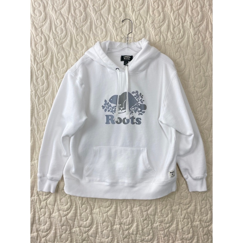 Roots White Hooded Sweatshirt Womens XL Metallic Beaver Logo Pullover Hoodie